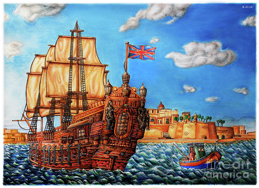 A Tall ship leaving Valletta harbour - Acrylic art Painting by Stephan Grixti