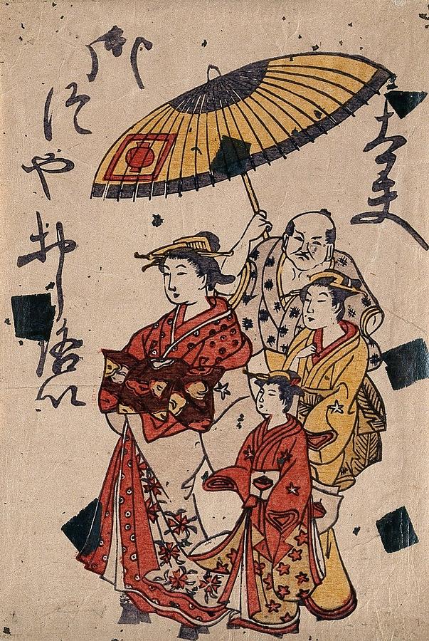 A tayu  on parade with her two kamuro  a male attendant shields  Painting by Artistic Rifki