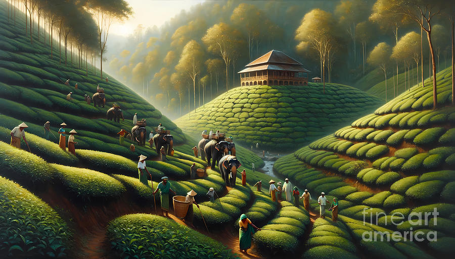 Elephant Painting - A tea plantation in Ceylon during the British Raj, with workers and elephants by Jeff Creation
