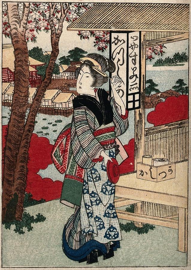 A teahouse waitress. Coloured woodcut by Gakutei, ca. 1840 Painting by Artistic Rifki