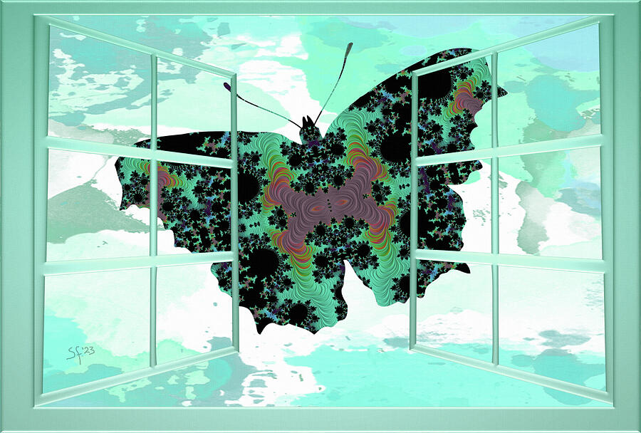 A Teal Fractal Butterfly Out my Window  Mixed Media by Shelli Fitzpatrick