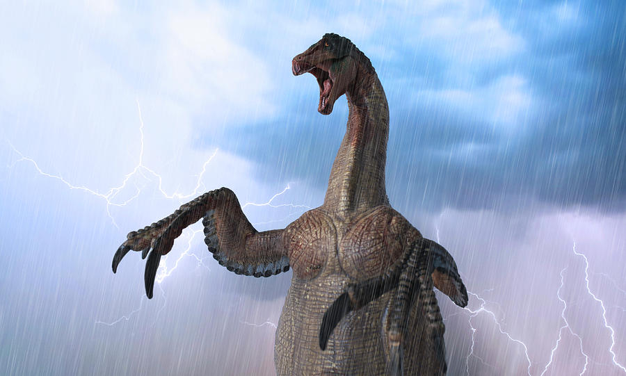 A Therizinosaurus Attacks During A Chaotic Thunderstorm Digital Art