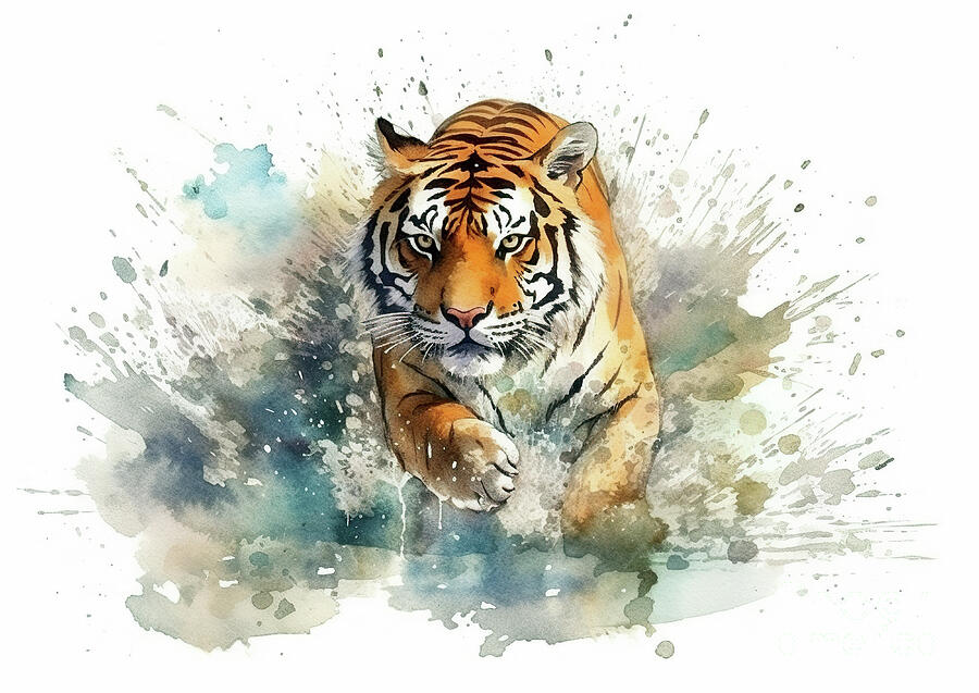 Wildlife Digital Art - A tiger is captured mid-stride, splashing water in a dynamic motion.  by Odon Czintos
