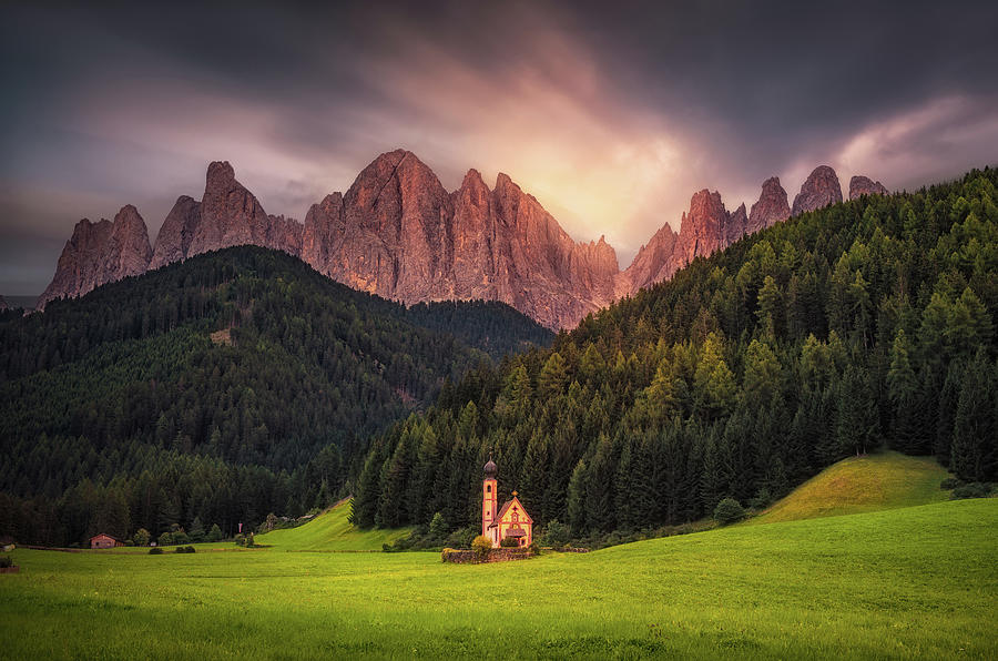 A Tiny Church surrounded by the Magnificent Dolomite Mountains Photograph by Celia Zhen