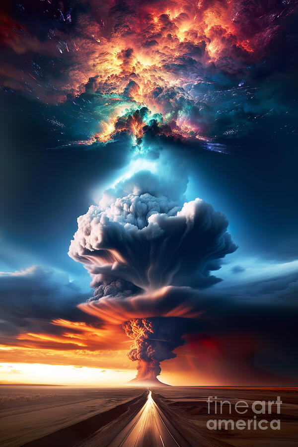 Explosion Digital Art - A towering cumulus cloud dominates the scene, topped with what resembles an explosive cosmic by Odon Czintos