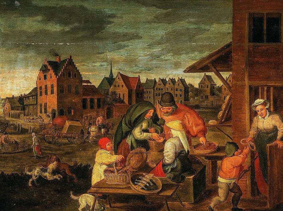 A Townscape With Peasants At A Vendors Stall Drawing By Marten Van 