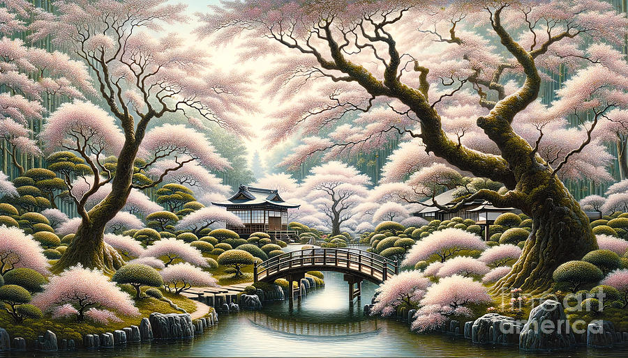 Spring Painting - A traditional Japanese garden during cherry blossom season, with a footbridge and tea house. by Jeff Creation