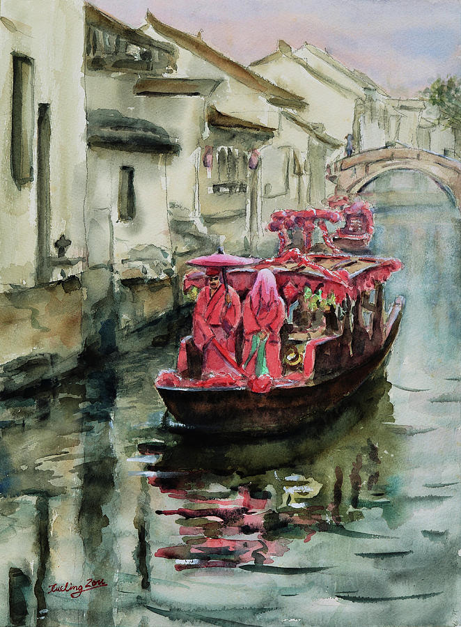 A Traditional Village Boat Wedding on the  Ancient Canal in South China Painting by Xueling Zou