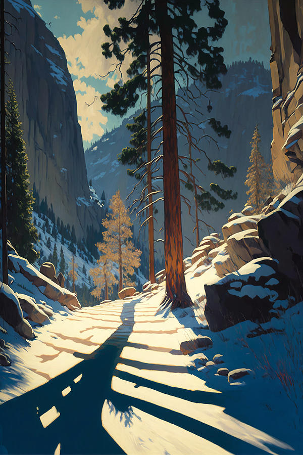 A Trail Through Yosemite - An Old Postcard Style Painting of a Wilderness Landscape Digital Art by Kai Saarto