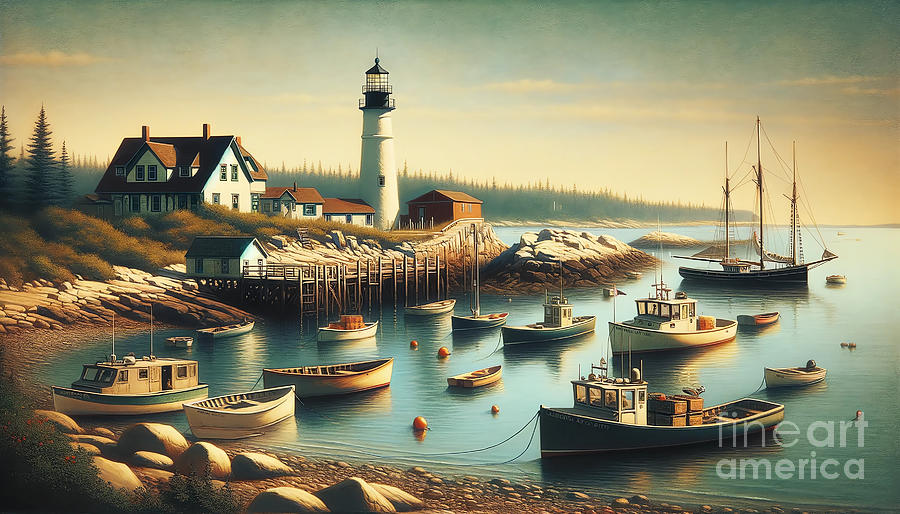 Lighthouse Painting - A tranquil fishing village in coastal Maine, with lobster boats and lighthouses. by Jeff Creation