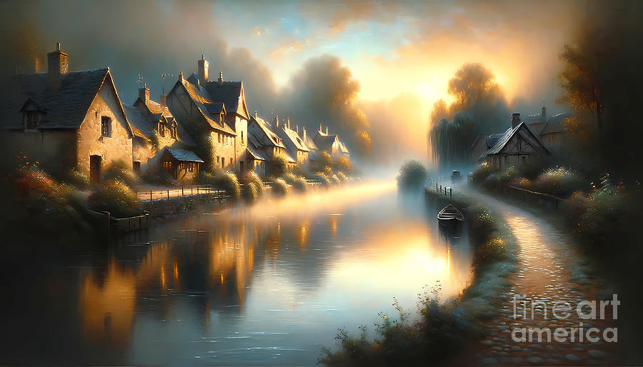 Cottage Painting - A tranquil riverside village at dawn with mist rising off the water by Jeff Creation