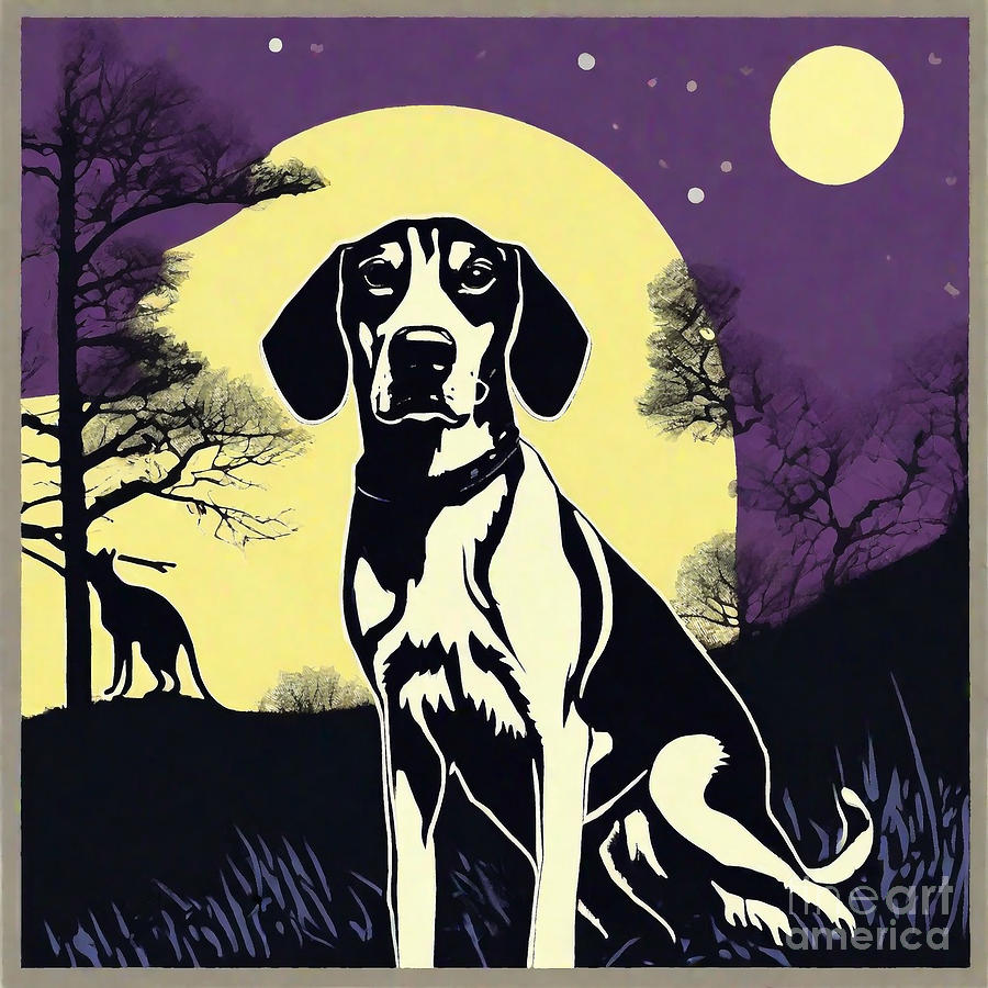 A Treeing Walker Coonhound treeing raccoons by moonlight Drawing by