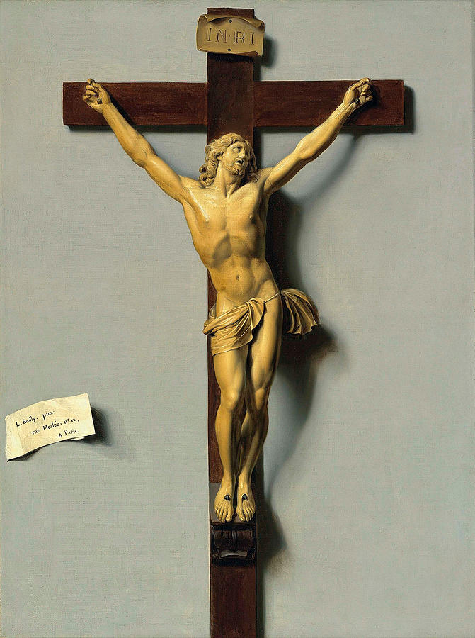 A trompe loeil of an ivory and wood crucifix  Painting by Louis-Leopold Boilly