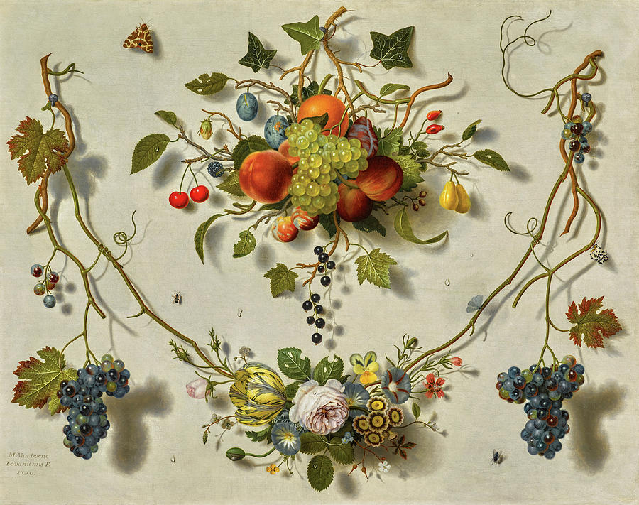 Flower Painting - A Trompe Loeil of Swags of Fruit and Flowers by Martin van Dorne