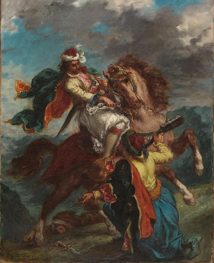 A Turk Surrenders to a Greek Horseman #1 Painting by Eugene Delacroix