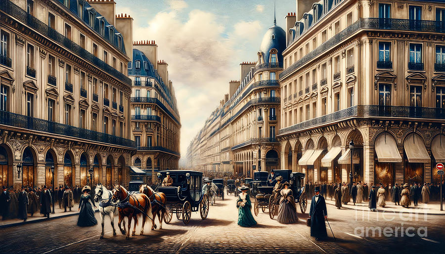 Paris Painting - A turn-of-the-century Parisian boulevard scene, with horse-drawn carriages and pedestrians. by Jeff Creation