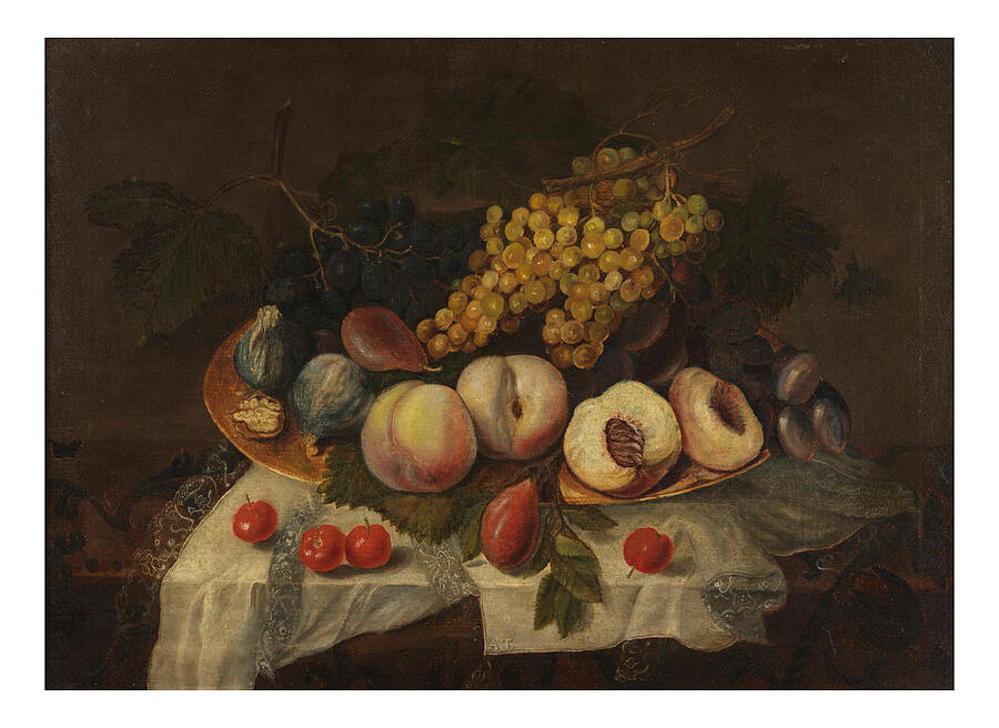 A variety of ripe fruits is meticulously arranged on a draped table, highlighting clusters of grapes Painting by MotionAge Designs