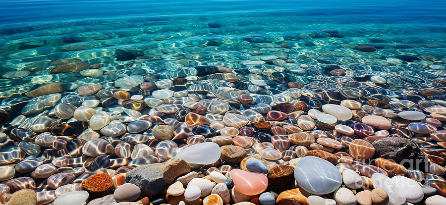 Pebbles Digital Art - A variety of smooth, colorful pebbles are submerged underwater, with sunlight creating  by Odon Czintos