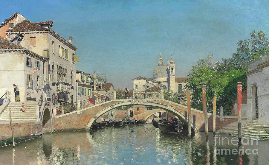 A Venetian canal with gondolas, Santa Maria Della Salute beyond Painting by Martin Rico y Ortega