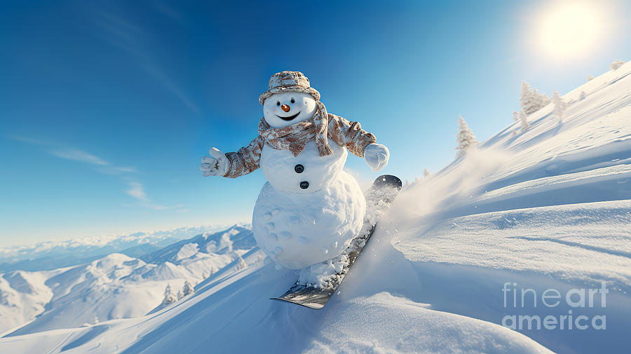A very happy snowman is gliding down the snowy slope on a snowboard.  Digital Art by Odon Czintos