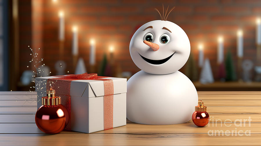 A very happy snowman is sitting on the plank floor with a gift box and Christmas decorations. Digital Art by Odon Czintos