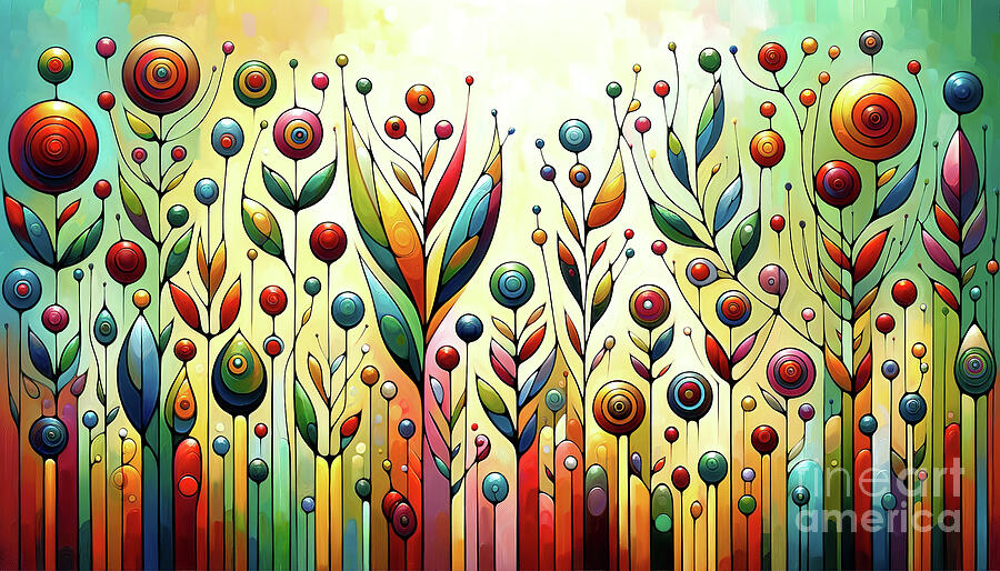 A vibrant abstract painting of a whimsical garden with tall. Digital Art by Odon Czintos