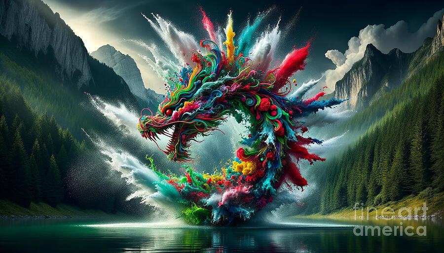 A vibrant and colorful dragon bursts from a tranquil mountain lake Digital Art by Odon Czintos