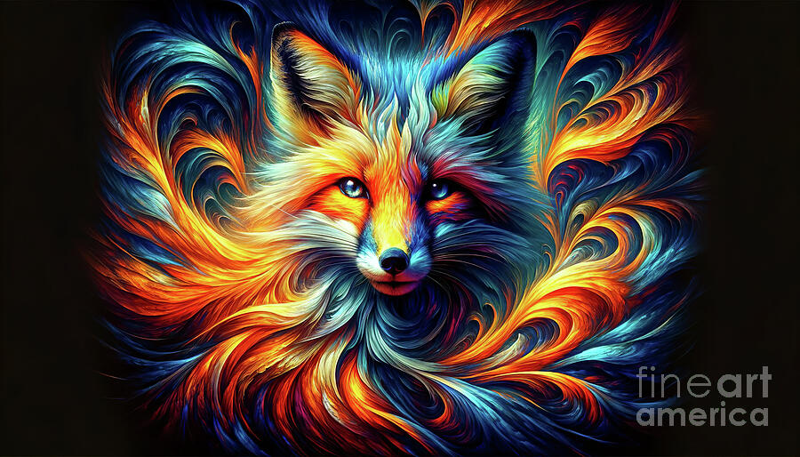 A vibrant and fiery digital painting of a fox with swirling, colorful fur, creating a fantastical Digital Art by Odon Czintos