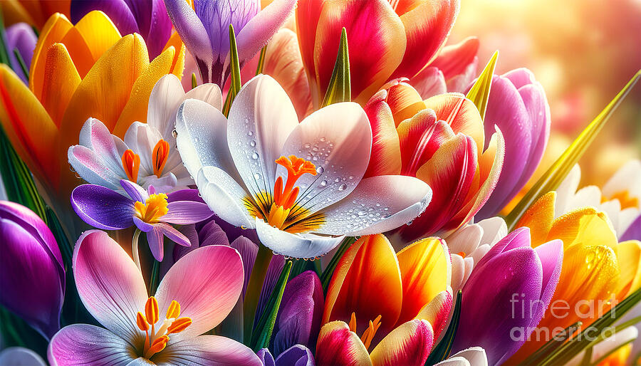 A vibrant assortment of crocuses and tulips  Digital Art by Odon Czintos