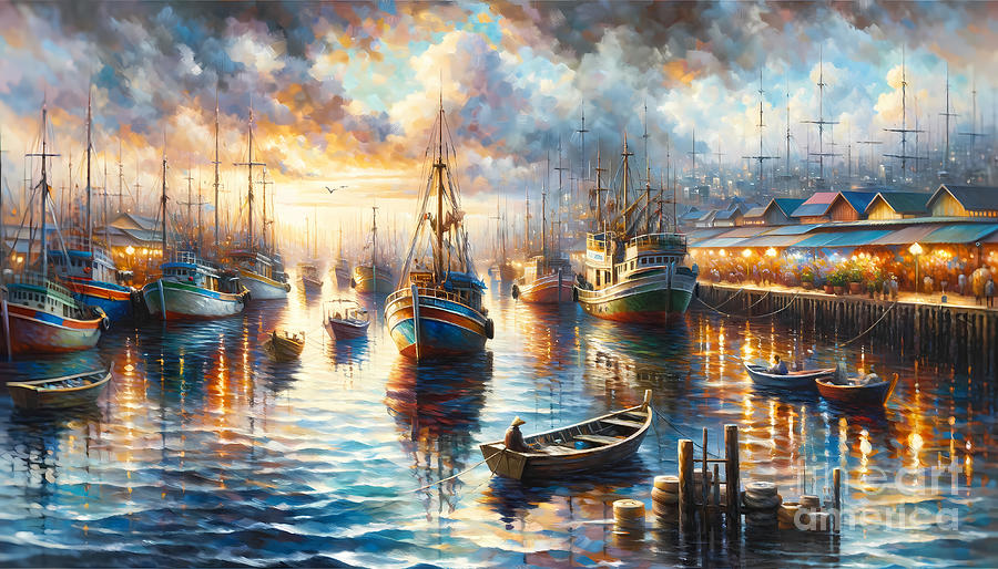 Boat Painting - A vibrant bustling harbor with boats and reflections in the water by Jeff Creation