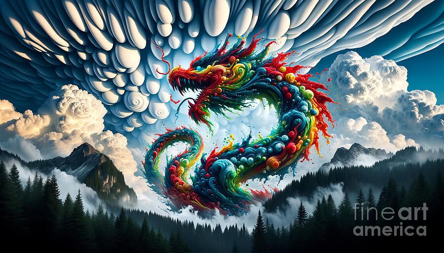 A vibrant, colorful dragon-like creature coils in a dynamic swirl against a surreal backdrop Digital Art by Odon Czintos