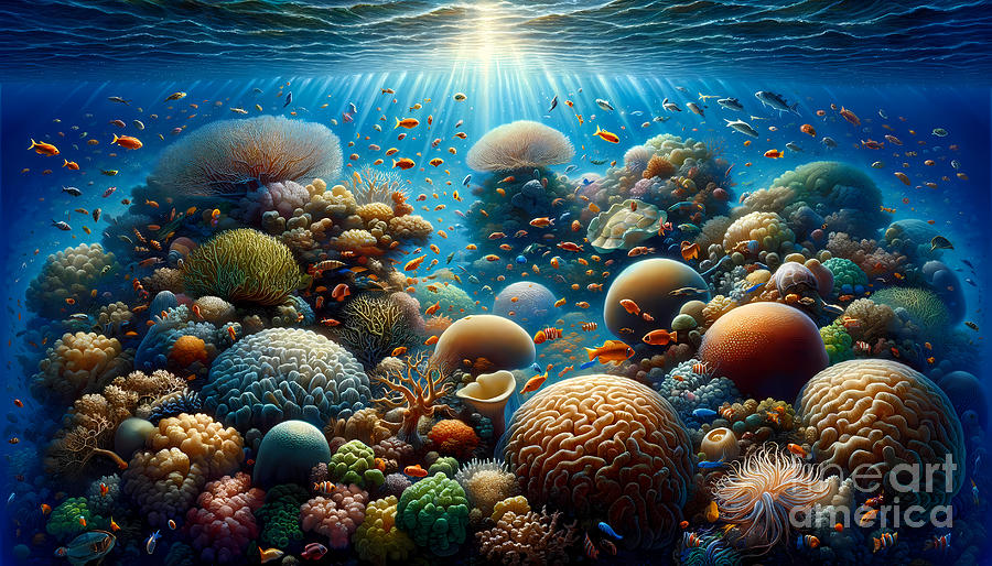 Fish Painting - A vibrant coral reef teeming with marine life beneath the ocean surface by Jeff Creation