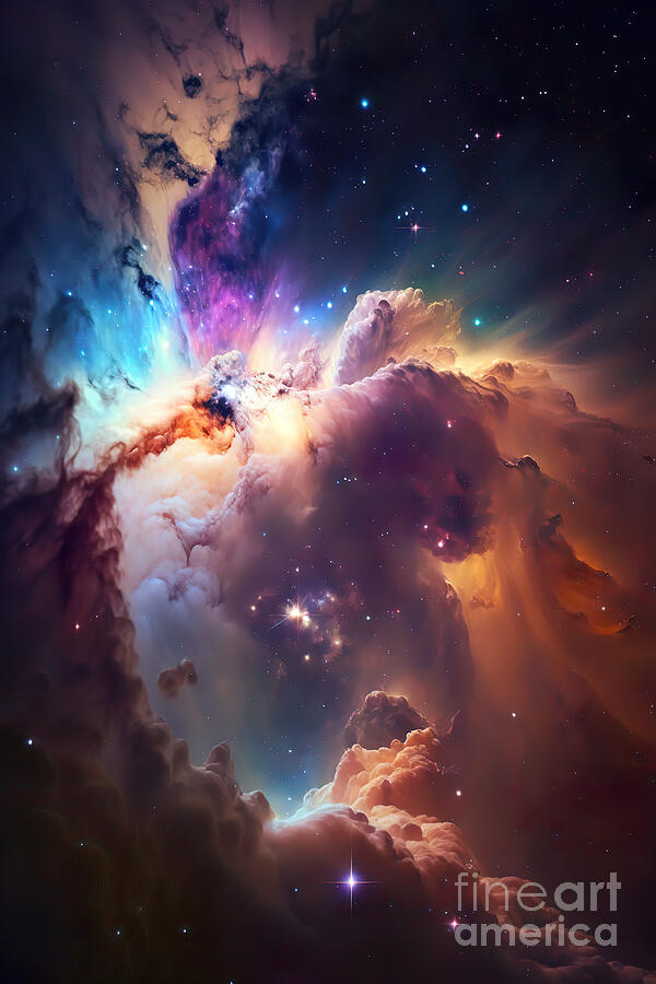 Interstellar Digital Art - A vibrant cosmic scene unfolds with bursts of color and light among clouds of interstellar dust and  by Odon Czintos