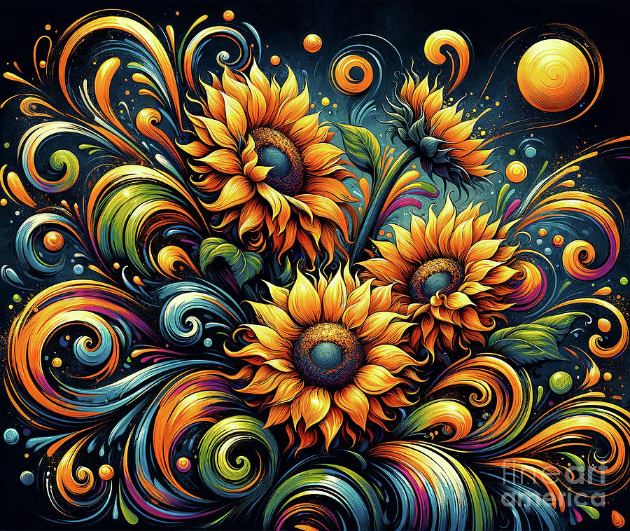 A vibrant digital painting of sunflowers with swirling patterns Digital Art by Odon Czintos