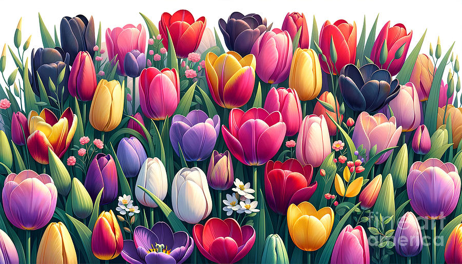 A vibrant display of tulips in an array of colors. Digital Art by Odon Czintos