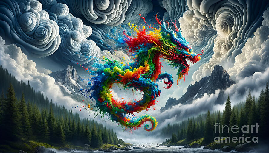 A vibrant explosion of colors forms a swirling dragon-like shape in the sky Digital Art by Odon Czintos