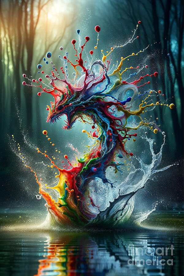 A vibrant, explosive depiction of a dragon made from splashes of multicolored paint. Digital Art by Odon Czintos