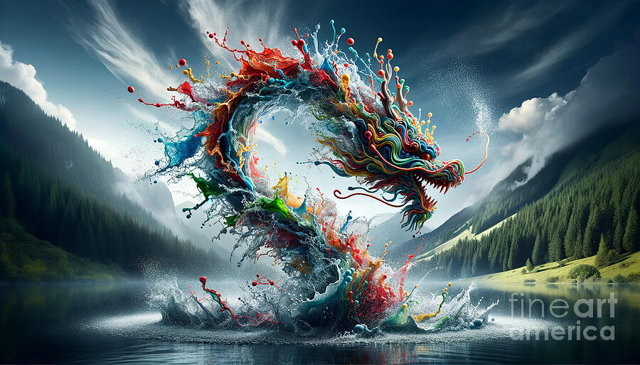 A vibrant, explosive fusion of colors forming a dragon-like Digital Art by Odon Czintos