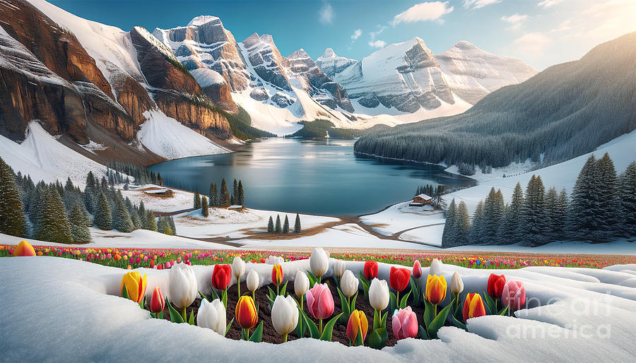 A vibrant field of tulips in the foreground contrasts with a snowy mountainous Digital Art by Odon Czintos