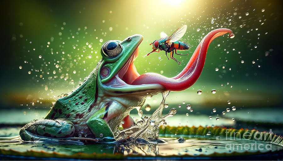 A vibrant frog with a stretched-out tongue about to catch a hovering fly Digital Art by Odon Czintos