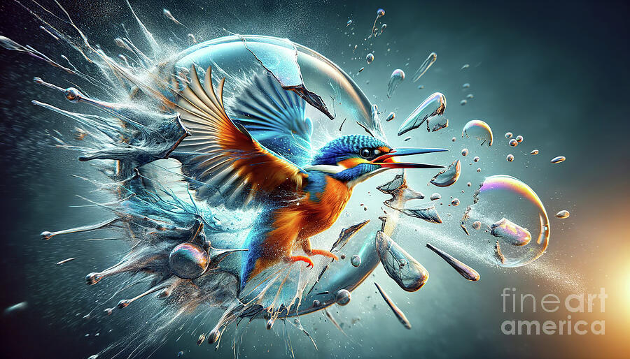 A vibrant kingfisher bird bursts through a spherical water barrier Digital Art by Odon Czintos
