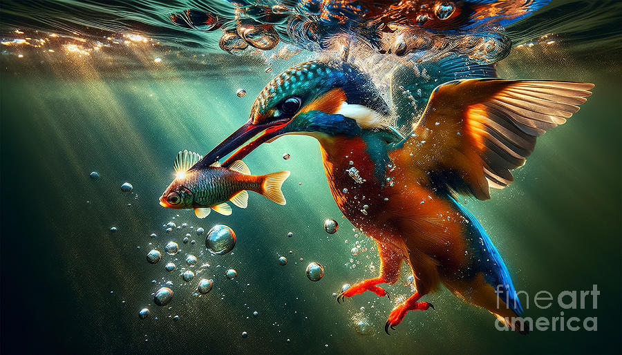 A vibrant kingfisher dives underwater with a splash, catching a fish Digital Art by Odon Czintos
