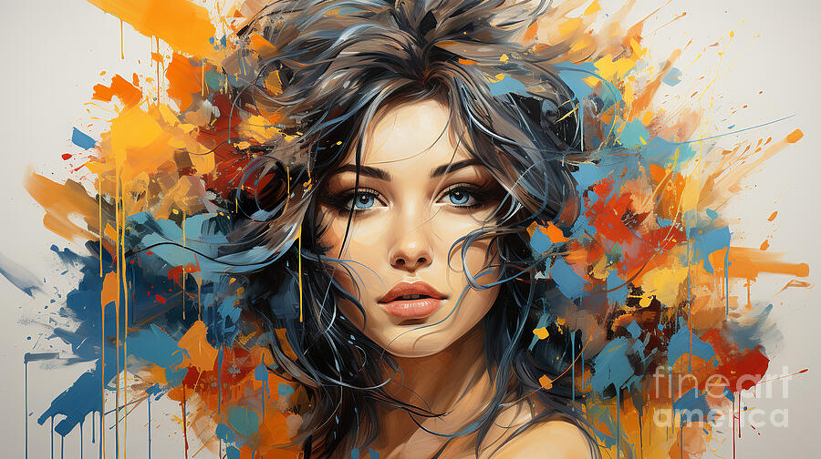A vibrant portrait fuses realistic elements with bursts of abstract color splashes. Digital Art by Odon Czintos