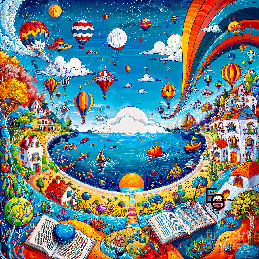 A vibrant seascape teems with colorful hot air balloons drifting above a lively coastline dotted wit Painting by Elena Gantchikova A vibrant seascape teems with colorful hot air balloons drifting above a lively coastline dotted wit Painting by Elena Gantchikova