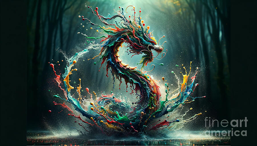 A vibrant splash of colors forms a dynamic dragon shape Digital Art by Odon Czintos