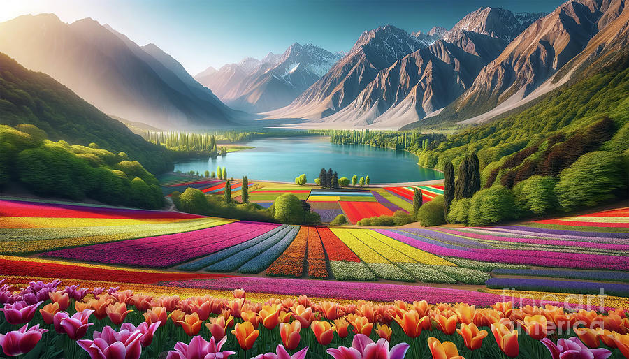 A vibrant valley with rows of colorful tulips  Digital Art by Odon Czintos