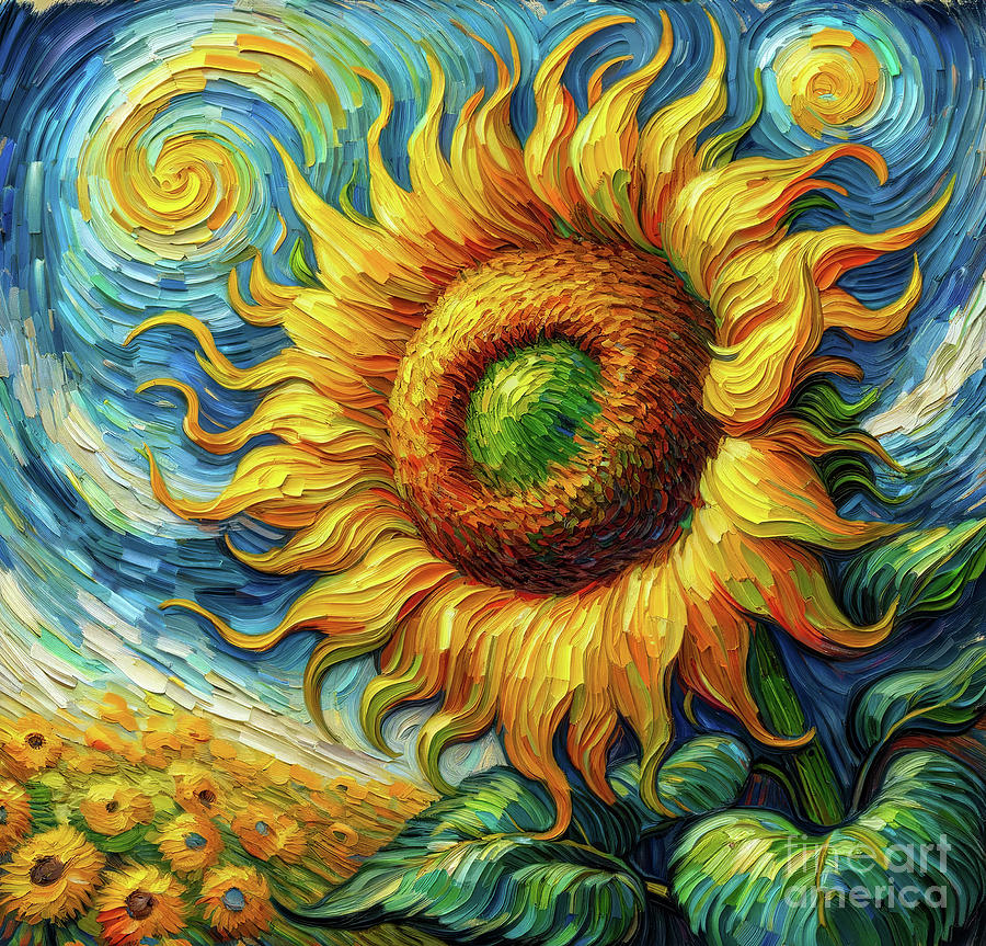A vibrant, Van Gogh-inspired painting of a sunflower with swirling blues and yellows Digital Art by Odon Czintos