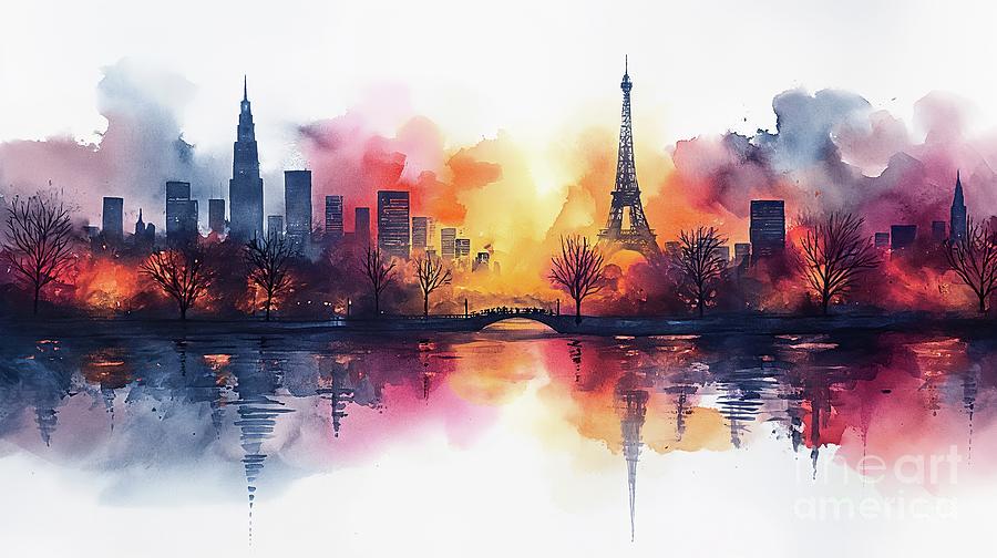 A Vibrant Watercolor Painting Depicting The Iconic Eiffel Tower In Paris, France. Photograph