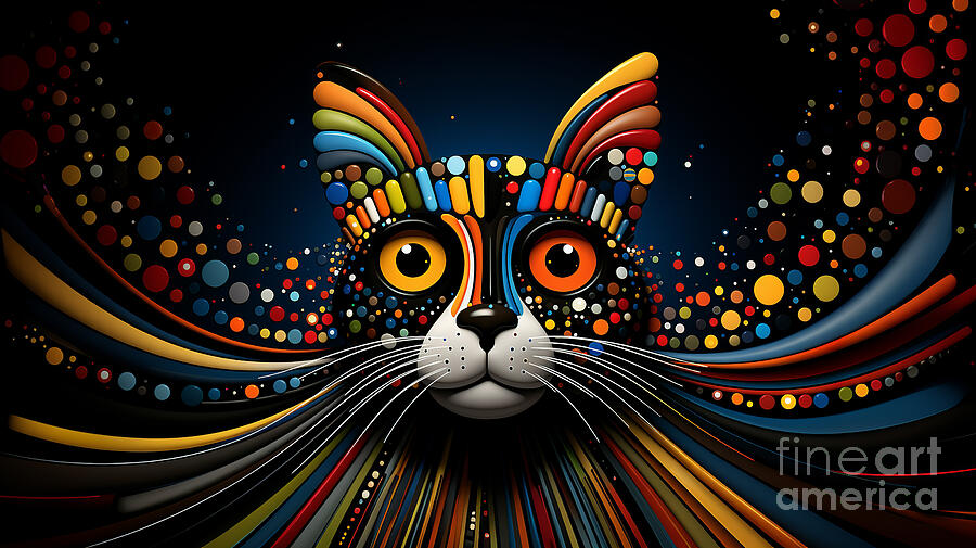 A vibrant, whimsical cat illustration with a colorful, abstract design Digital Art by Odon Czintos
