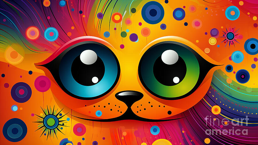 A vibrantly colored, cartoon-like depiction of a cats face Digital Art by Odon Czintos